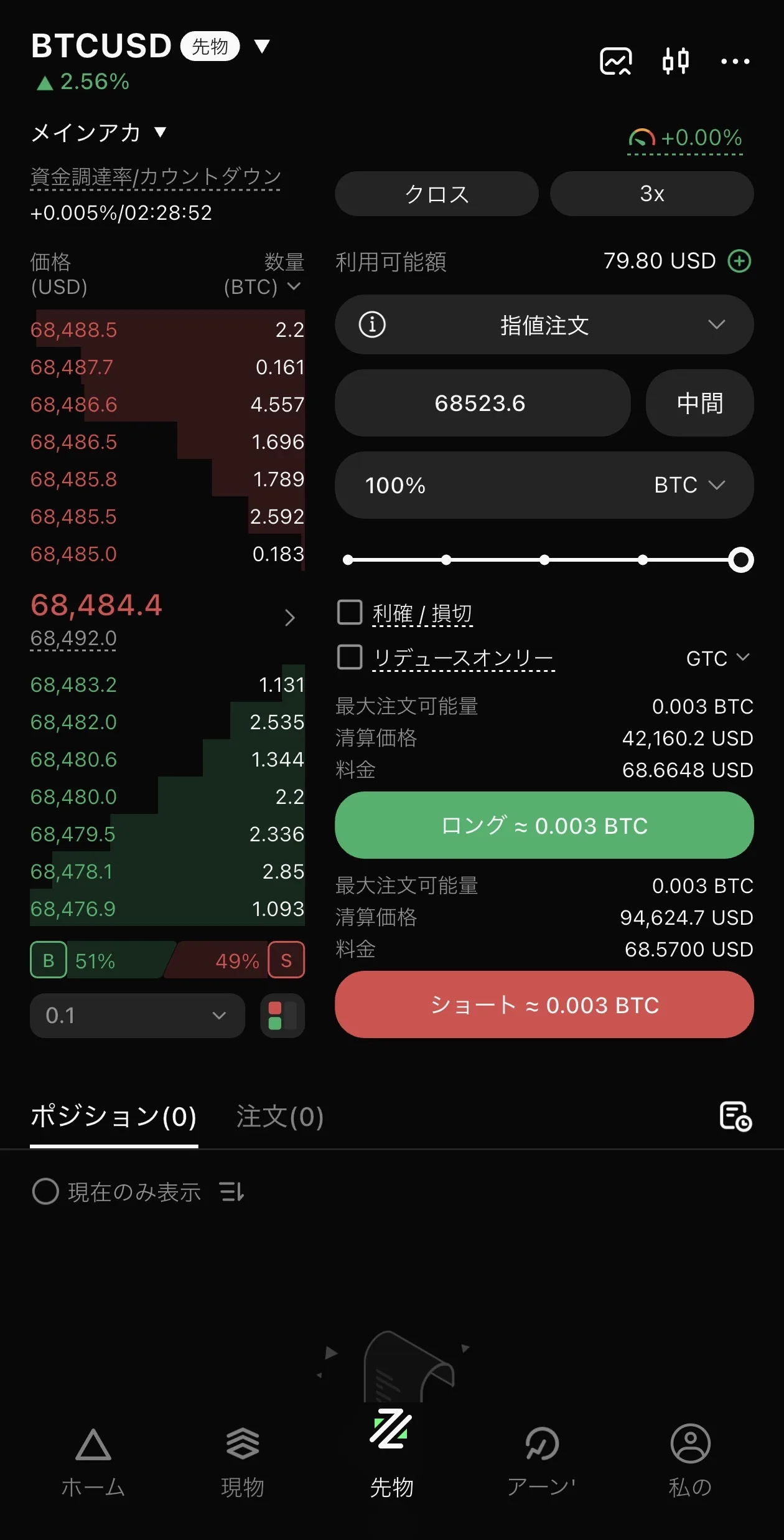edgeXのクローズ後・注文画面（ポジション0）