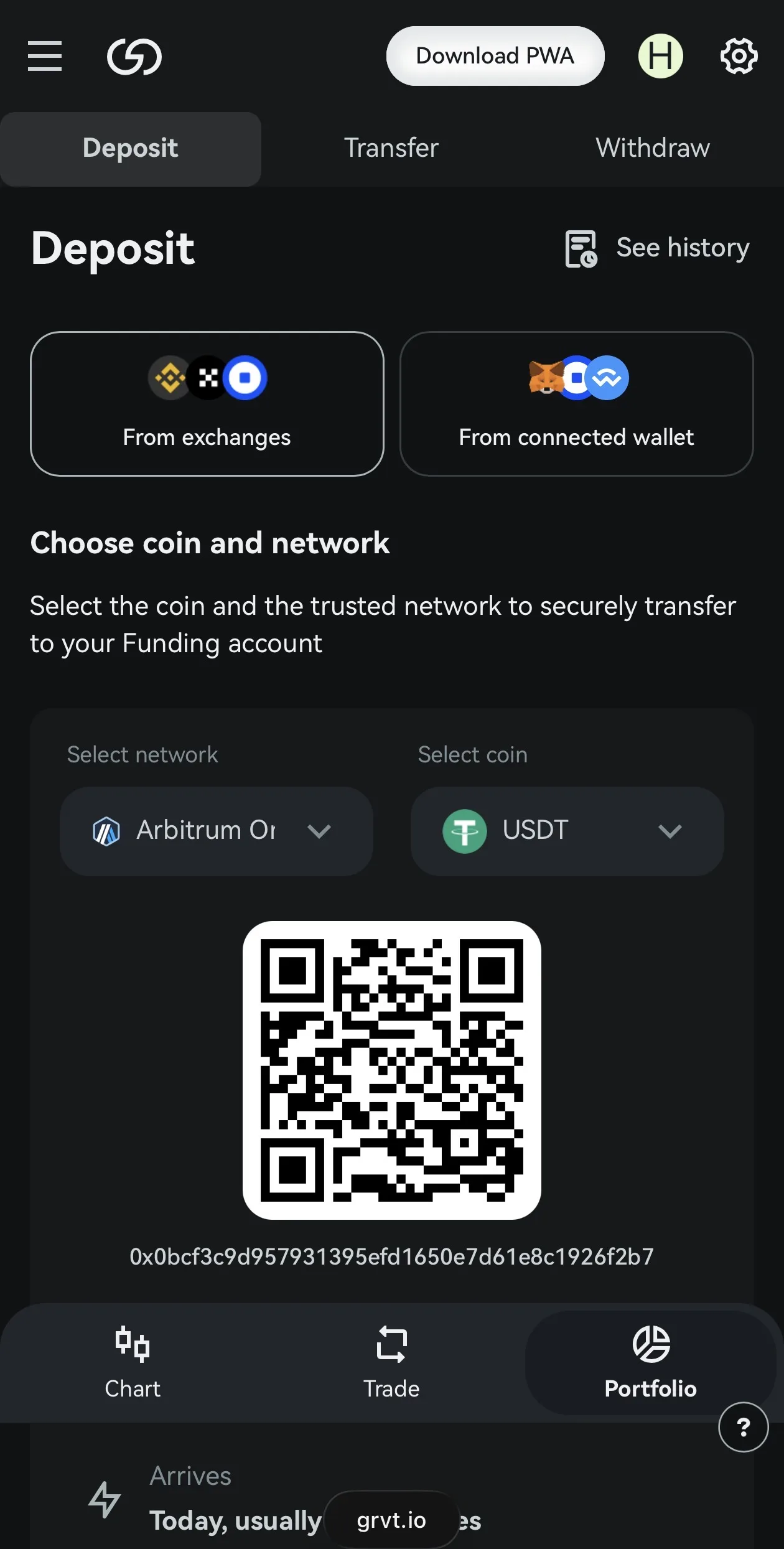GRVTの入金アドレス表示画面（Arbitrum / USDT）
