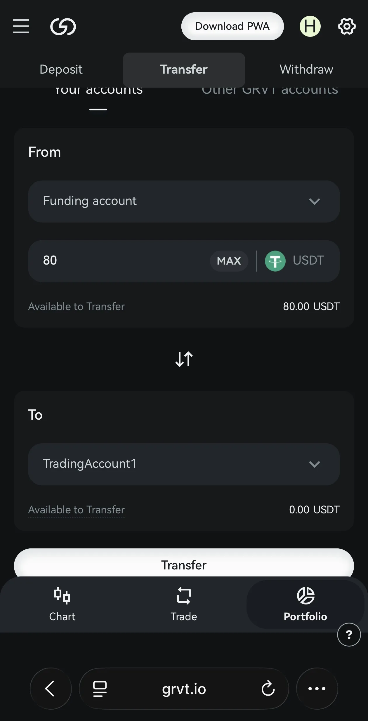 GRVTのTransfer画面（Funding→Trading Account）