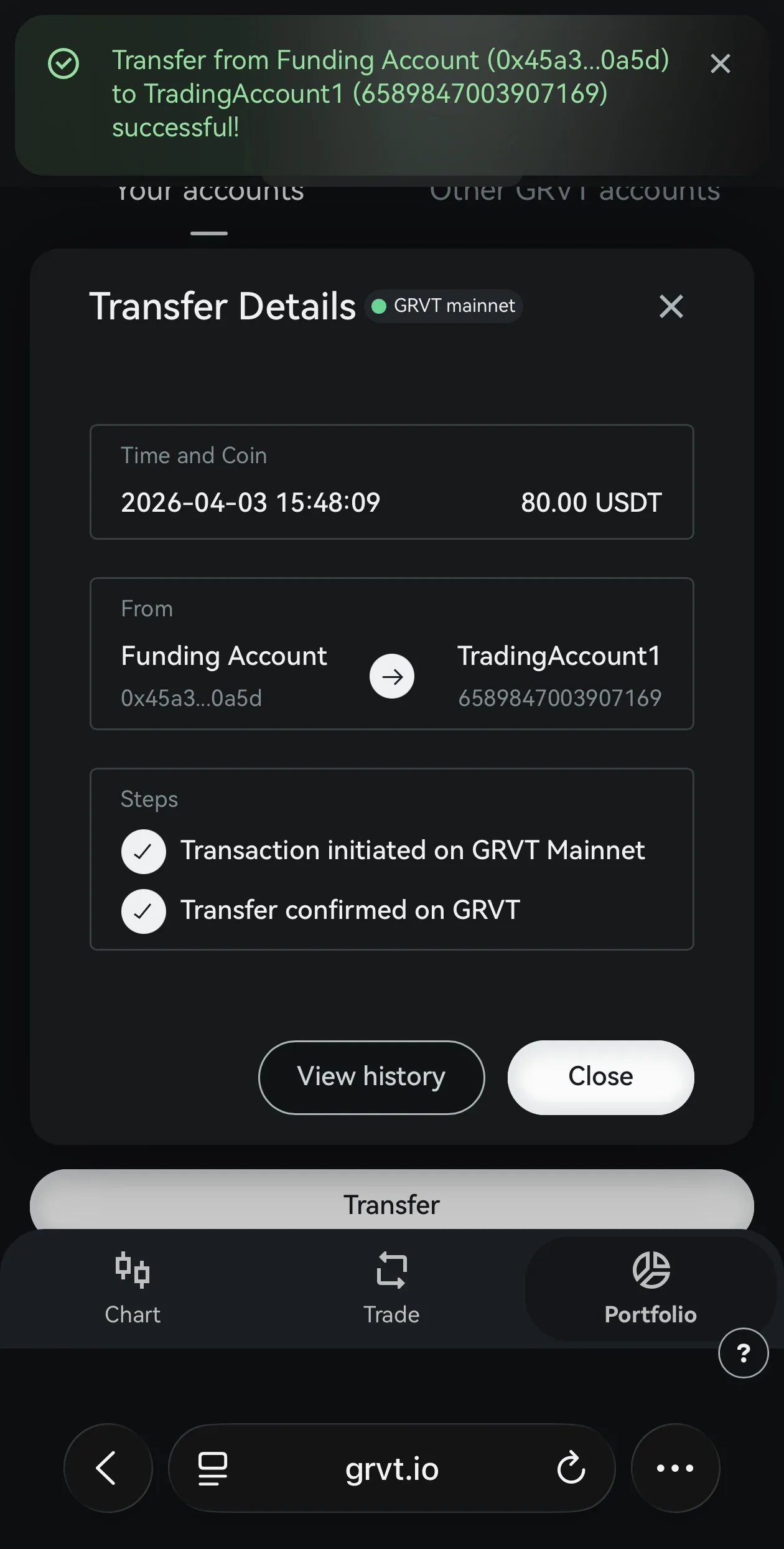 GRVTの振替完了確認画面（Transfer Details）
