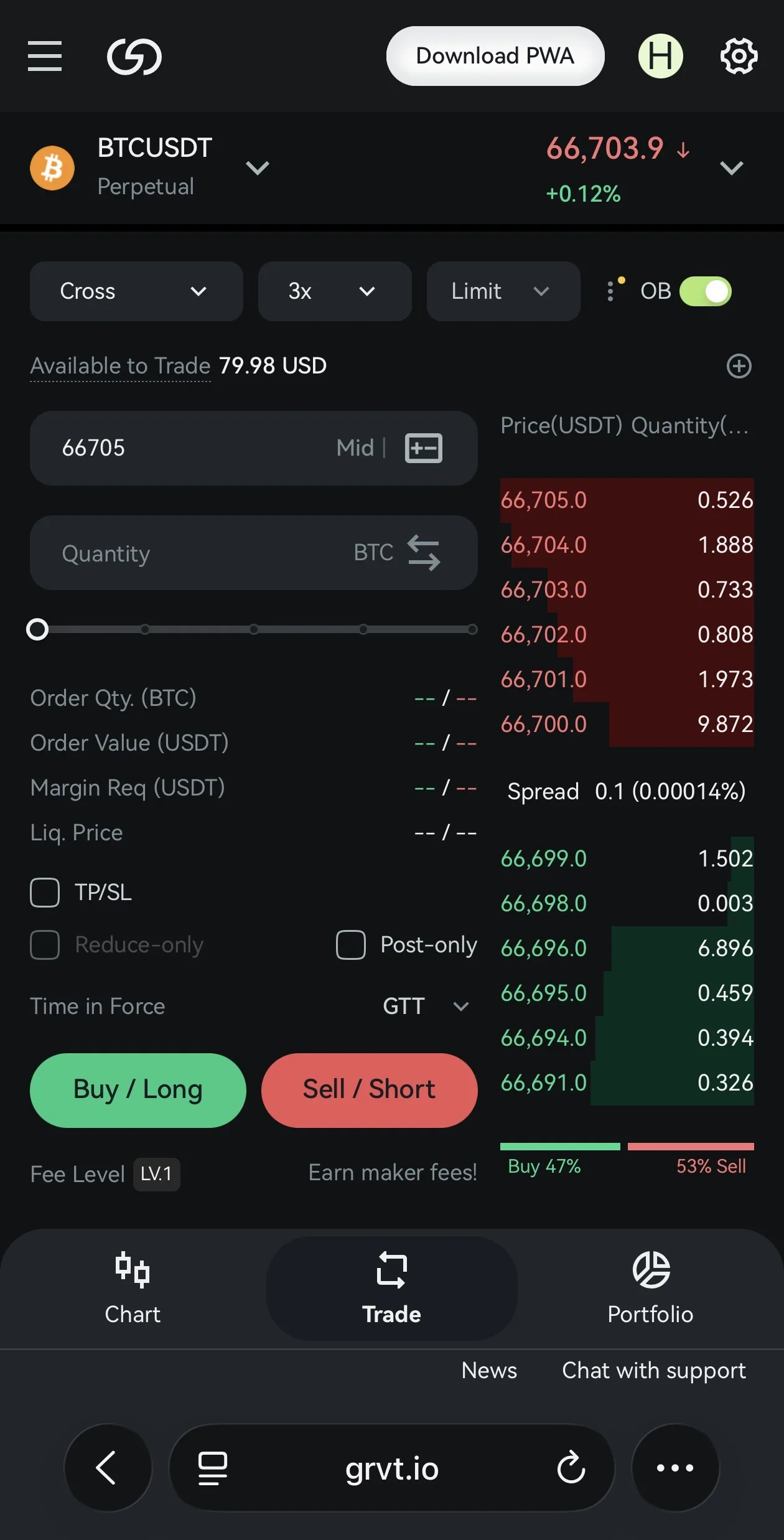 GRVTのTrade画面（BTCUSDT、Cross 3x、Limit注文）