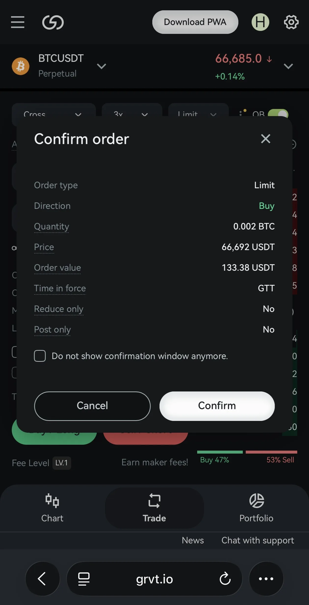 GRVTの注文確認モーダル（Limit Buy BTC）