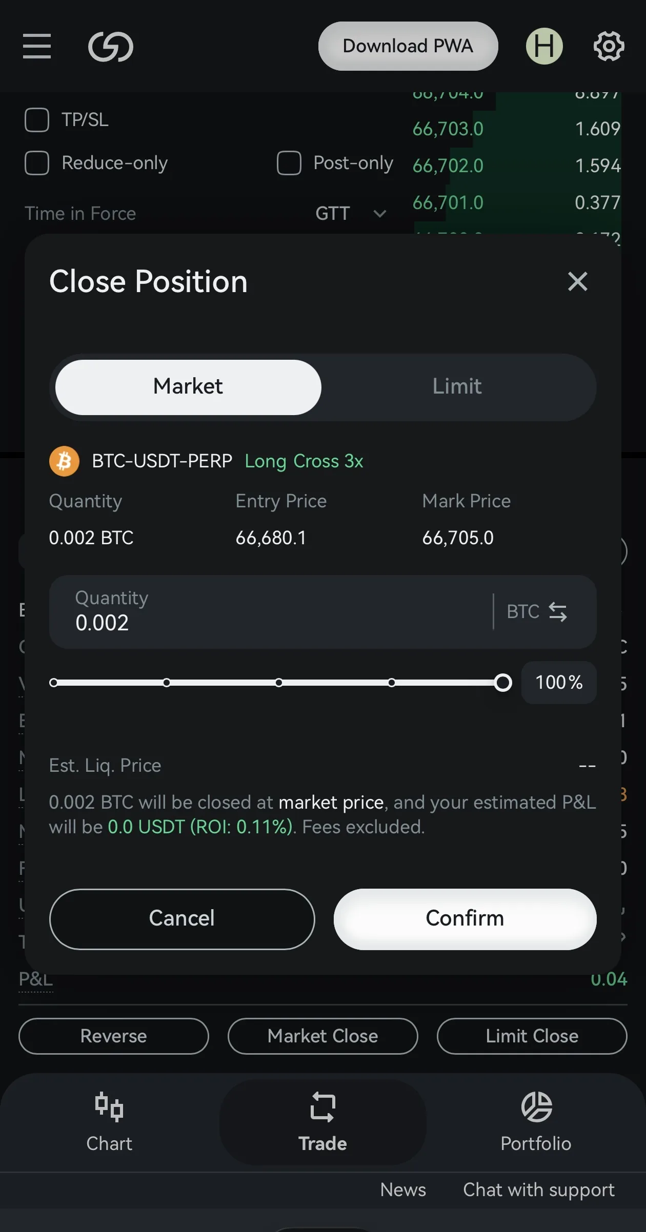 GRVTのClose Positionモーダル（Market Close）