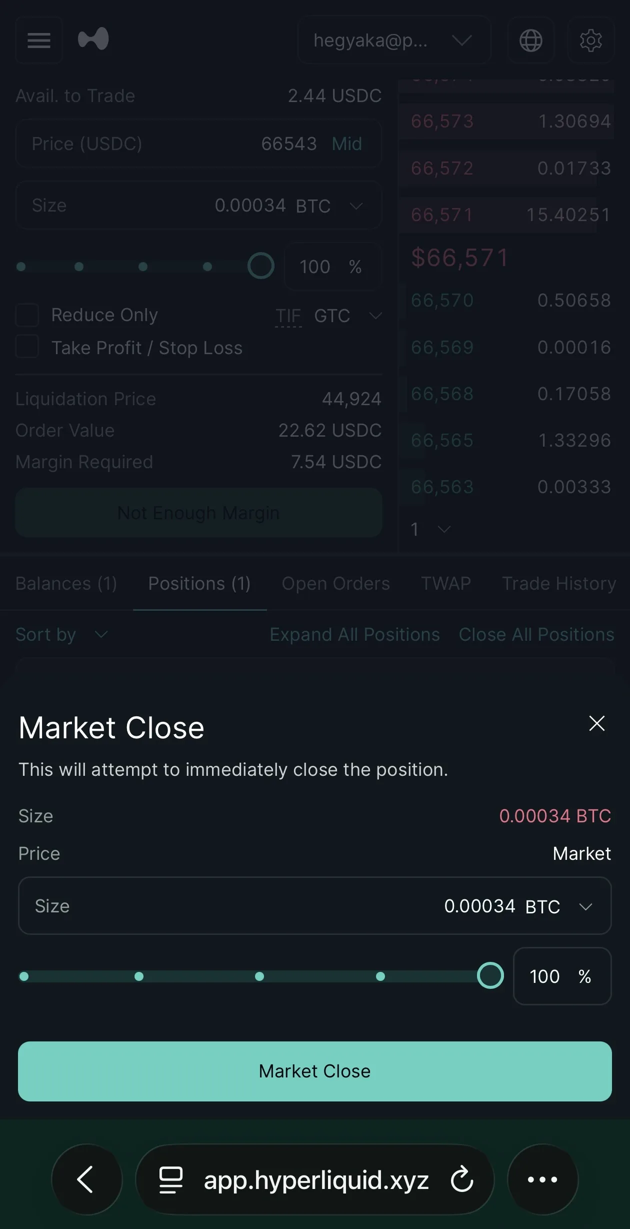 HyperliquidのMarket Closeモーダル